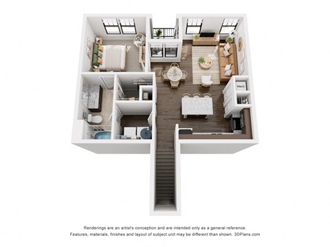 a stylized floor plan with a bedroom and a living room